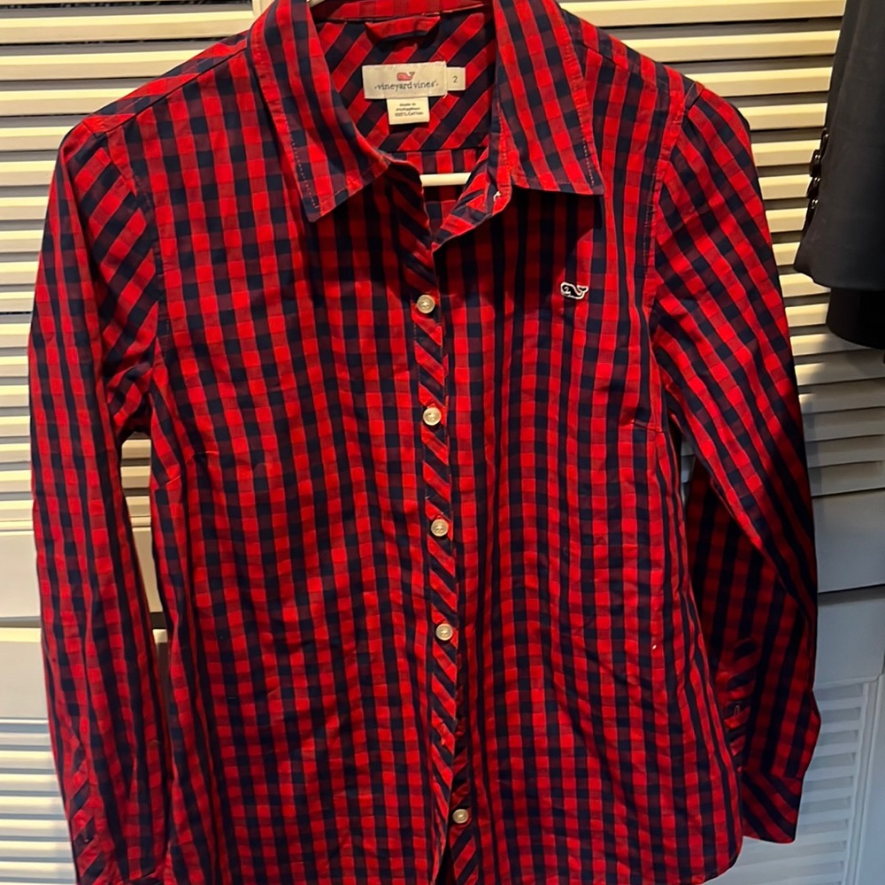 Vineyard vines red and navy check button down